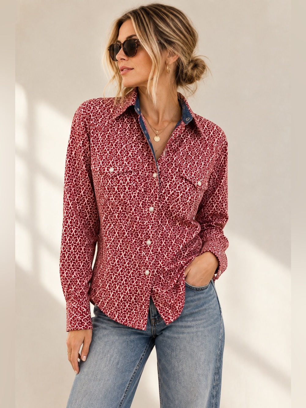 Roper Women’s Western Pearl Snap Shirt Red Scroll Print Size L